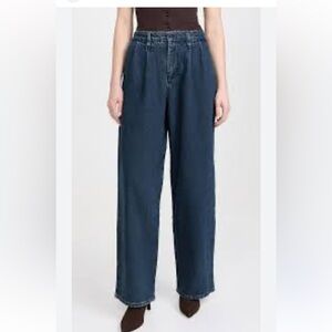 NWT Good American 90’s pleated trousers high rise wide leg Dark Blue Flare Jeans
